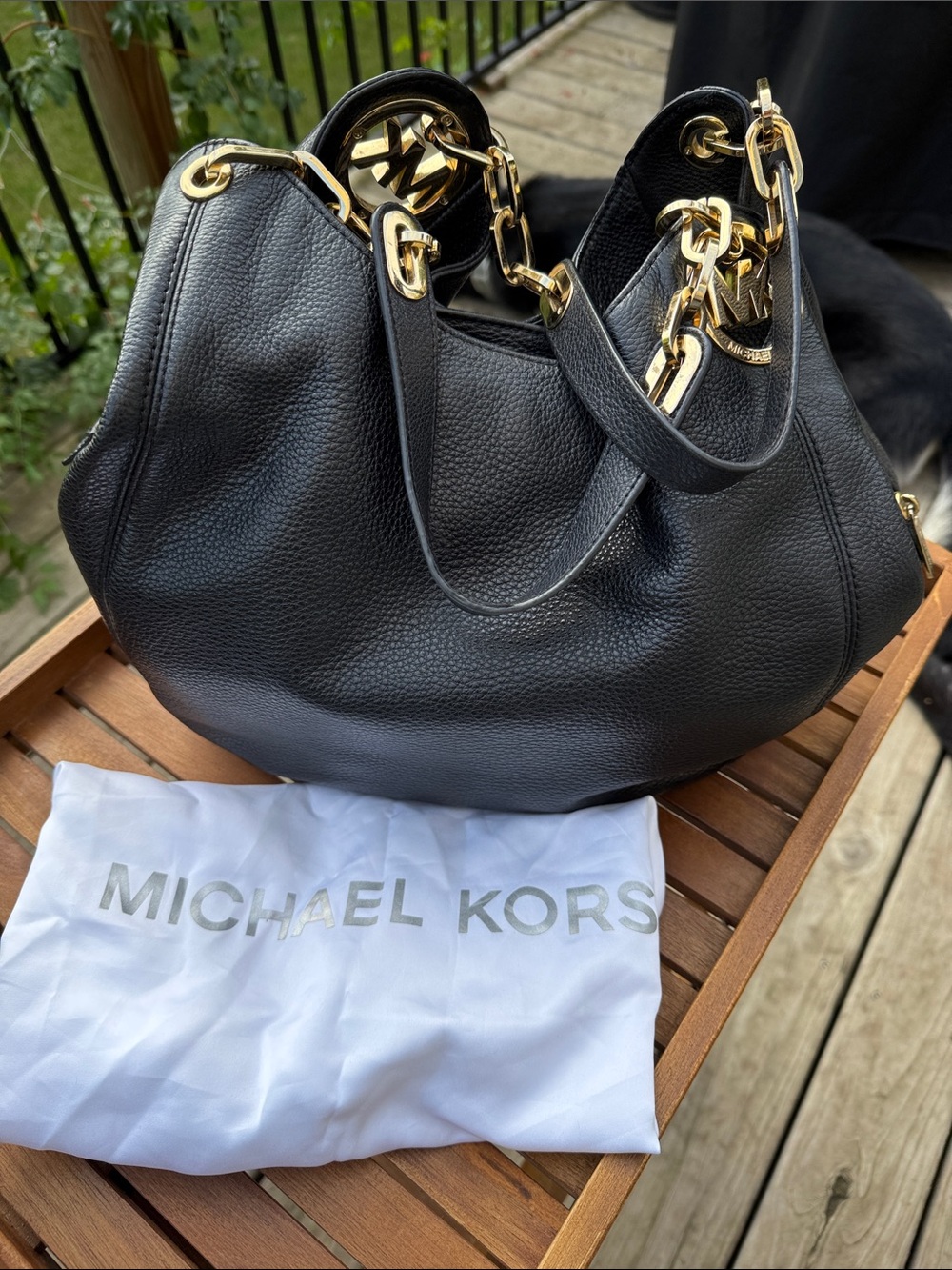 Michael Kors Black Pebbled Leather Shoulder Bag with Gold Hardware